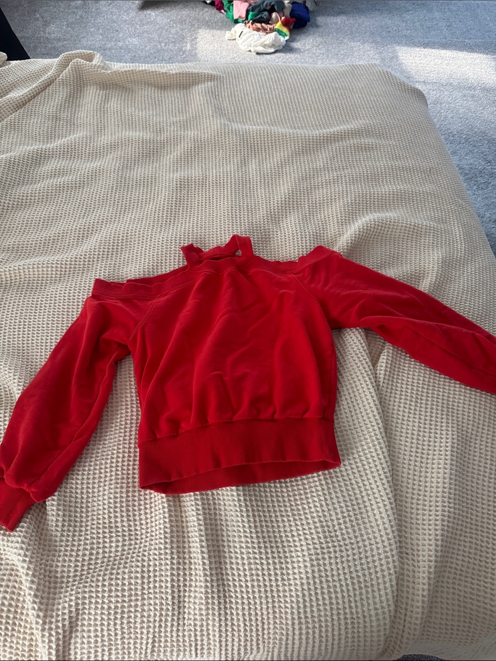 Zara Women’s Red Cold-Shoulder Sweatshirt with Ruffle Trim
